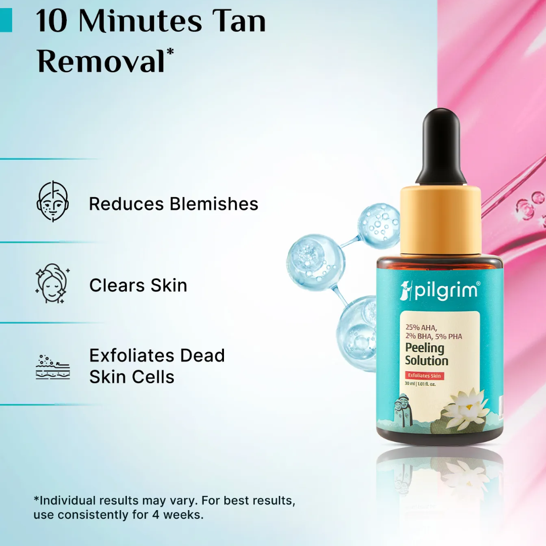 Pilgrim 25% AHA + 2% BHA + 5% PHA Peeling Solution Face Serum for Exfoliation|10 Minutes DeTan Challenge
