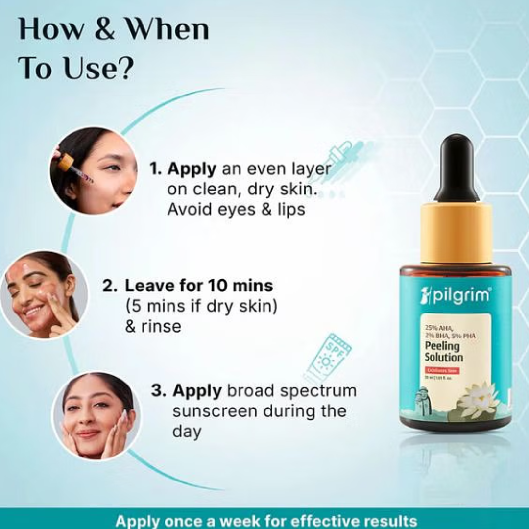 Pilgrim 25% AHA + 2% BHA + 5% PHA Peeling Solution Face Serum for Exfoliation|10 Minutes DeTan Challenge
